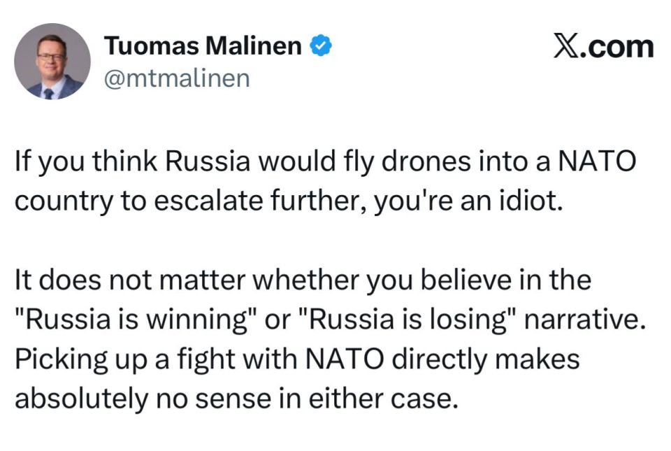 Профессор Хельсинского университета Малинен: Если вы думаете, что Россия запустит беспилотники в страну НАТО, чтобы еще больше обострить ситуацию, то вы идиот