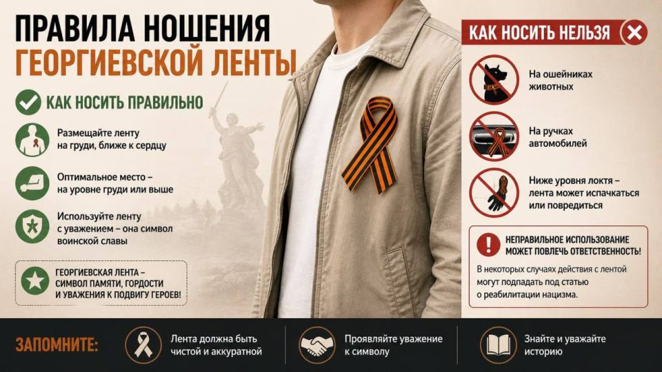 Россиянам разъяснили правила ношения георгиевской ленты по закону